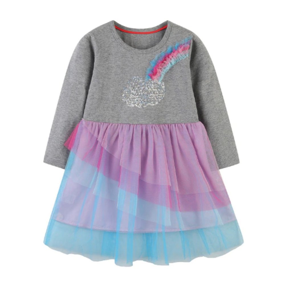 Rainbow Sequin Girls Long Sleeve Tutu Dress